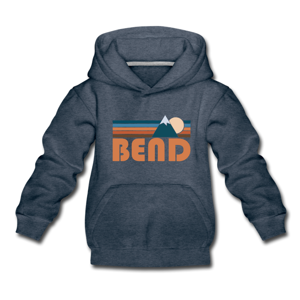 Bend, Oregon Youth Hoodie - Retro Mountain Youth Bend Hooded Sweatshirt - heather denim