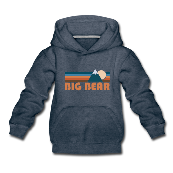 Big Bear, California Youth Hoodie - Retro Mountain Youth Big Bear Hooded Sweatshirt - heather denim