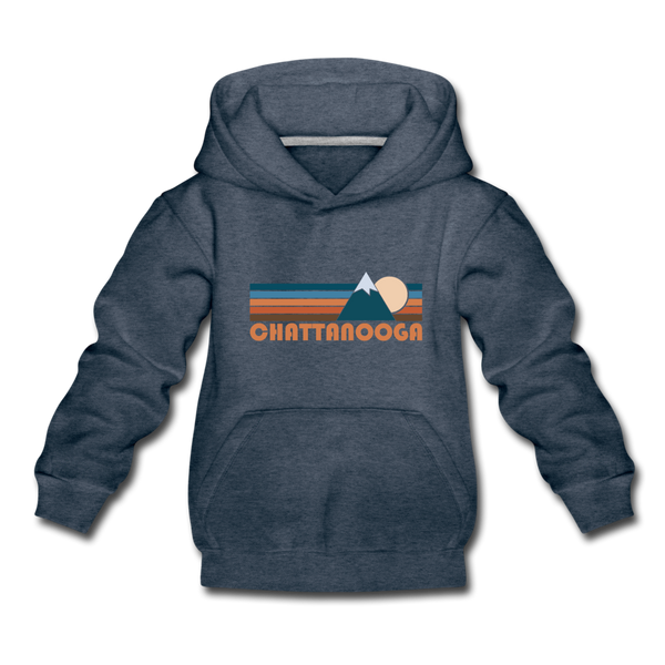 Chattanooga, Tennessee Youth Hoodie - Retro Mountain Youth Chattanooga Hooded Sweatshirt - heather denim