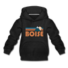 Boise, Idaho Youth Hoodie - Retro Mountain Youth Boise Hooded Sweatshirt - black