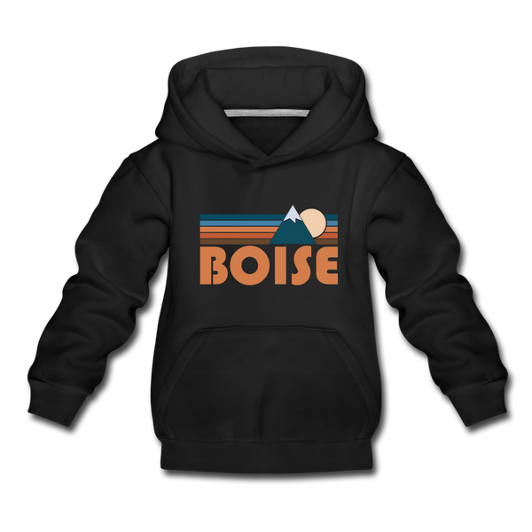 Boise, Idaho Youth Hoodie - Retro Mountain Youth Boise Hooded Sweatshirt - black