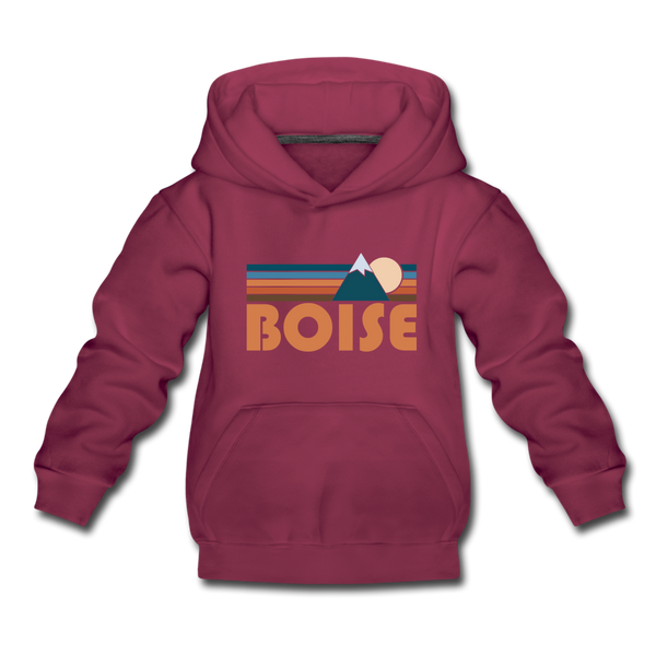 Boise, Idaho Youth Hoodie - Retro Mountain Youth Boise Hooded Sweatshirt - burgundy