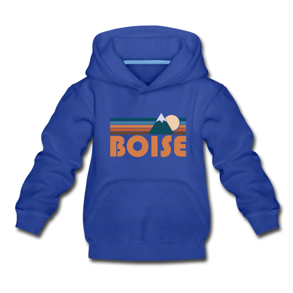 Boise, Idaho Youth Hoodie - Retro Mountain Youth Boise Hooded Sweatshirt - royal blue