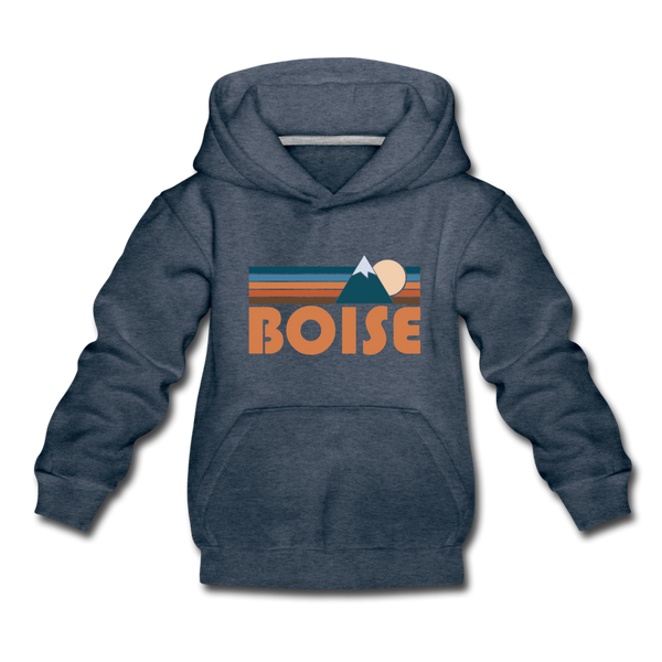 Boise, Idaho Youth Hoodie - Retro Mountain Youth Boise Hooded Sweatshirt - heather denim