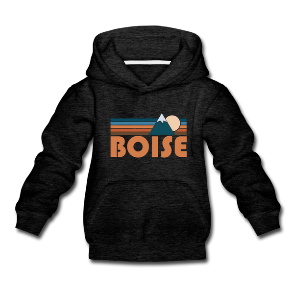 Boise, Idaho Youth Hoodie - Retro Mountain Youth Boise Hooded Sweatshirt - charcoal gray