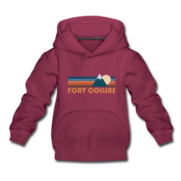 Fort Collins, Colorado Youth Hoodie - Retro Mountain Youth Fort Collins Hooded Sweatshirt - burgundy