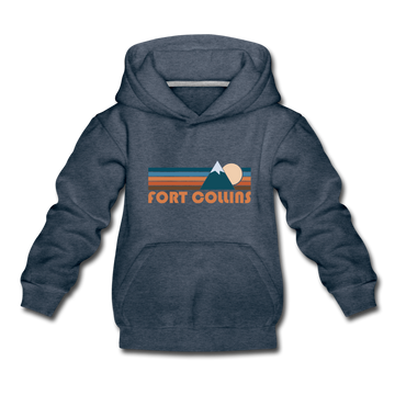 Fort Collins, Colorado Youth Hoodie - Retro Mountain Youth Fort Collins Hooded Sweatshirt - heather denim