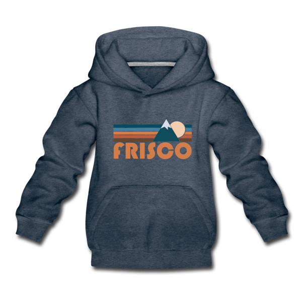 Frisco, Colorado Youth Hoodie - Retro Mountain Youth Frisco Hooded Sweatshirt - heather denim