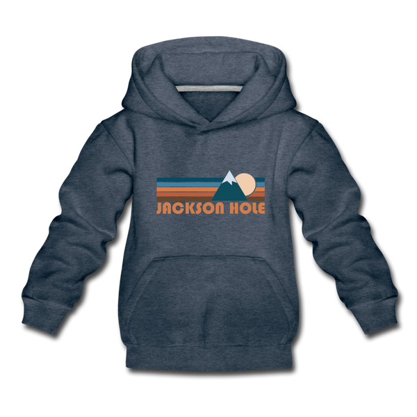 Jackson Hole, Wyoming Youth Hoodie - Retro Mountain Youth Jackson Hole Hooded Sweatshirt - heather denim