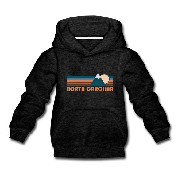 North Carolina Youth Hoodie - Retro Mountain Youth North Carolina Hooded Sweatshirt - charcoal gray