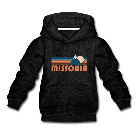 Missoula, Montana Youth Hoodie - Retro Mountain Youth Missoula Hooded Sweatshirt - charcoal gray