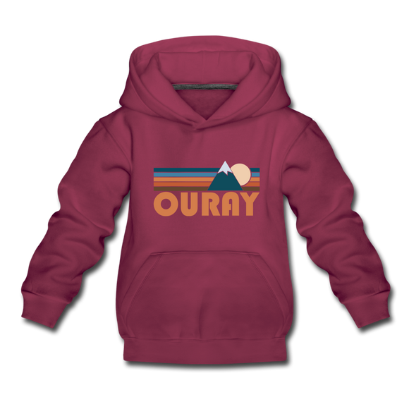 Ouray, Colorado Youth Hoodie - Retro Mountain Youth Ouray Hooded Sweatshirt - burgundy