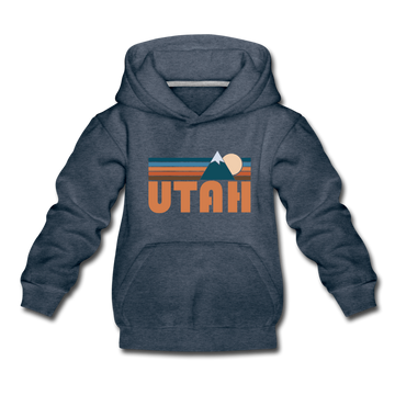 Utah Youth Hoodie - Retro Mountain Youth Utah Hooded Sweatshirt - heather denim