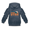 Utah Youth Hoodie - Retro Mountain Youth Utah Hooded Sweatshirt - heather denim
