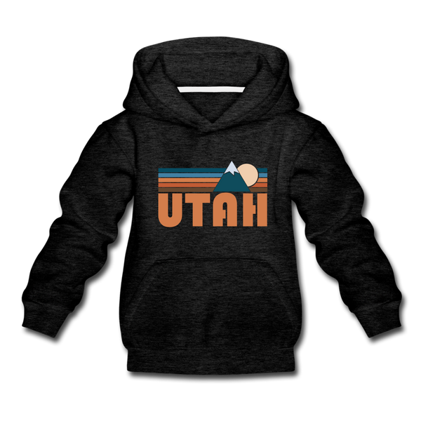 Utah Youth Hoodie - Retro Mountain Youth Utah Hooded Sweatshirt - charcoal gray