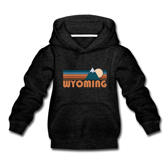 Wyoming Youth Hoodie - Retro Mountain Youth Wyoming Hooded Sweatshirt - charcoal gray