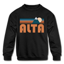 Alta, Utah Youth Sweatshirt - Retro Mountain Youth Alta Crewneck Sweatshirt - black