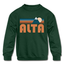 Alta, Utah Youth Sweatshirt - Retro Mountain Youth Alta Crewneck Sweatshirt - forest green