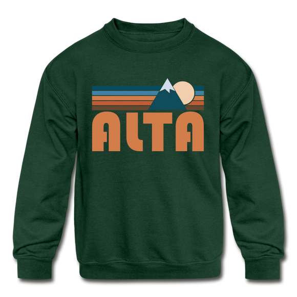 Alta, Utah Youth Sweatshirt - Retro Mountain Youth Alta Crewneck Sweatshirt - forest green