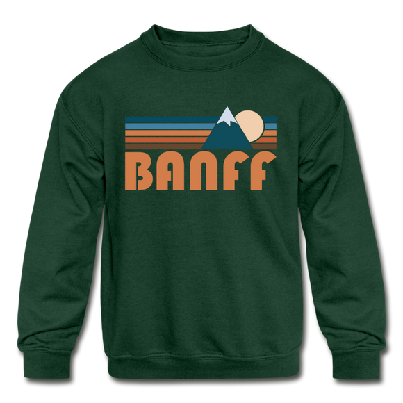 Banff, Canada Youth Sweatshirt - Retro Mountain Youth Banff Crewneck Sweatshirt - forest green