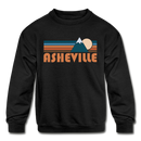 Asheville, North Carolina Youth Sweatshirt - Retro Mountain Youth Asheville Crewneck Sweatshirt - black