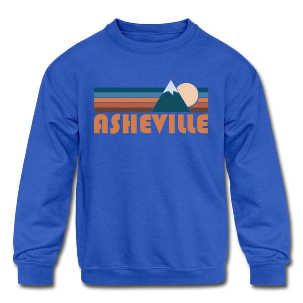 Asheville, North Carolina Youth Sweatshirt - Retro Mountain Youth Asheville Crewneck Sweatshirt - royal blue