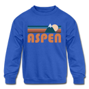 Aspen, Colorado Youth Sweatshirt - Retro Mountain Youth Aspen Crewneck Sweatshirt - royal blue