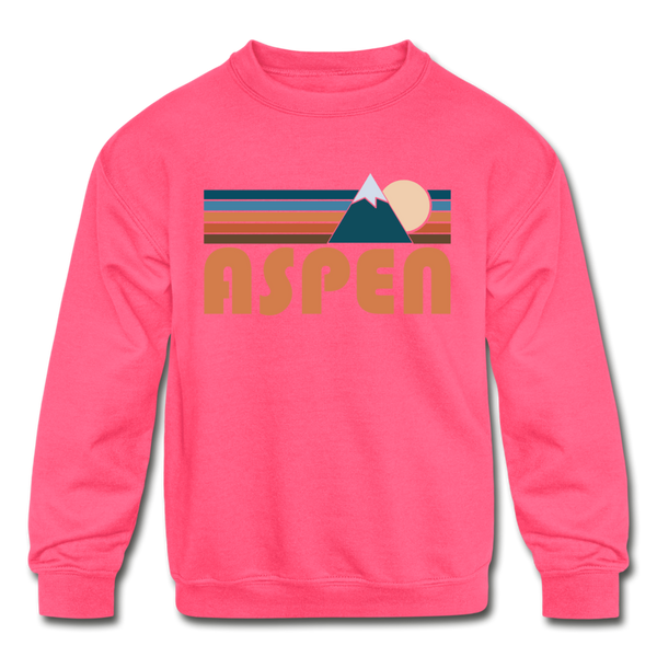 Aspen, Colorado Youth Sweatshirt - Retro Mountain Youth Aspen Crewneck Sweatshirt - neon pink