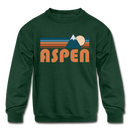 Aspen, Colorado Youth Sweatshirt - Retro Mountain Youth Aspen Crewneck Sweatshirt - forest green
