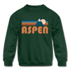 Aspen, Colorado Youth Sweatshirt - Retro Mountain Youth Aspen Crewneck Sweatshirt - forest green