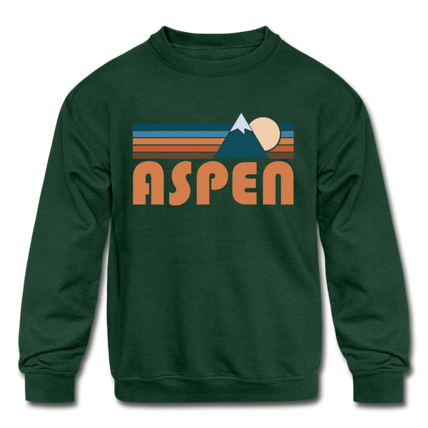 Aspen, Colorado Youth Sweatshirt - Retro Mountain Youth Aspen Crewneck Sweatshirt - forest green