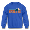 Bozeman, Montana Youth Sweatshirt - Retro Mountain Youth Bozeman Crewneck Sweatshirt - royal blue