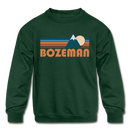 Bozeman, Montana Youth Sweatshirt - Retro Mountain Youth Bozeman Crewneck Sweatshirt - forest green