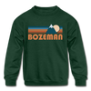 Bozeman, Montana Youth Sweatshirt - Retro Mountain Youth Bozeman Crewneck Sweatshirt - forest green