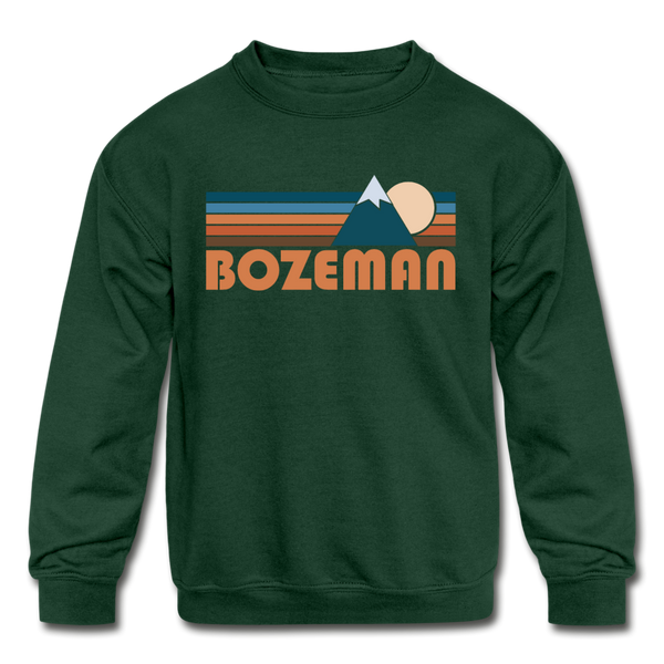 Bozeman, Montana Youth Sweatshirt - Retro Mountain Youth Bozeman Crewneck Sweatshirt - forest green