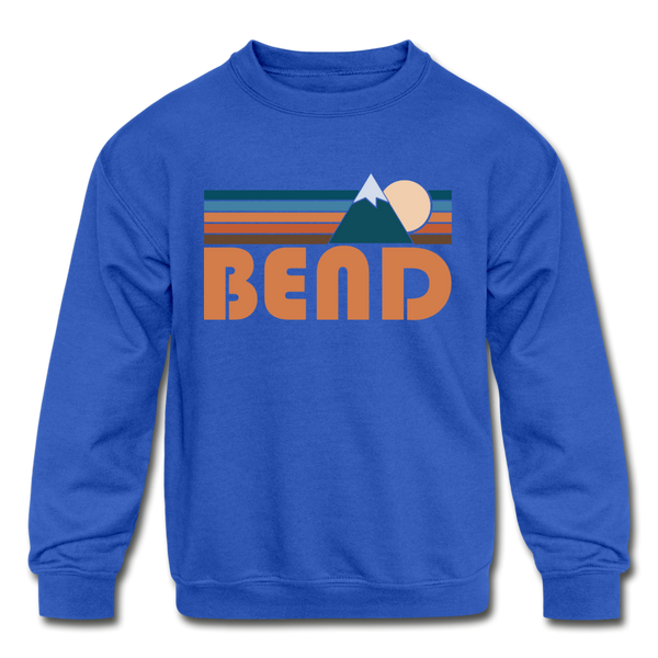 Bend, Oregon Youth Sweatshirt - Retro Mountain Youth Bend Crewneck Sweatshirt - royal blue