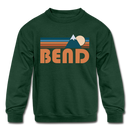 Bend, Oregon Youth Sweatshirt - Retro Mountain Youth Bend Crewneck Sweatshirt - forest green
