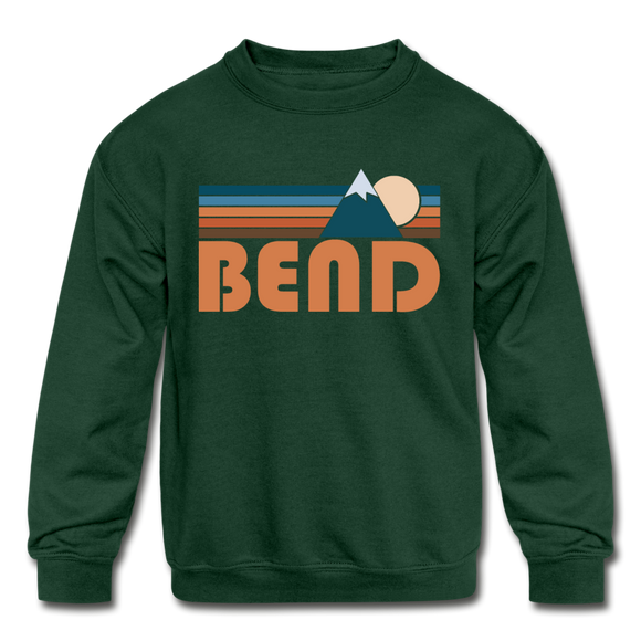 Bend, Oregon Youth Sweatshirt - Retro Mountain Youth Bend Crewneck Sweatshirt - forest green