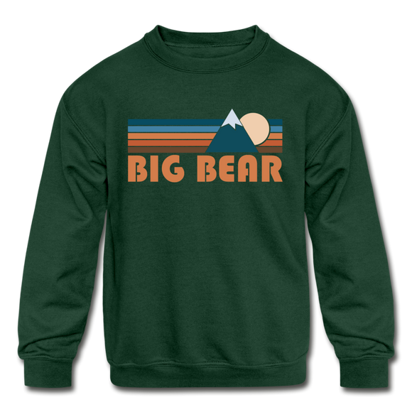 Big Bear, California Youth Sweatshirt - Retro Mountain Youth Big Bear Crewneck Sweatshirt - forest green