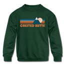 Crested Butte, Colorado Youth Sweatshirt - Retro Mountain Youth Crested Butte Crewneck Sweatshirt - forest green