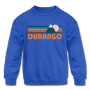 Durango, Colorado Youth Sweatshirt - Retro Mountain Youth Durango Crewneck Sweatshirt - royal blue