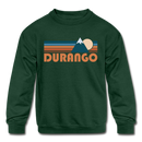 Durango, Colorado Youth Sweatshirt - Retro Mountain Youth Durango Crewneck Sweatshirt - forest green