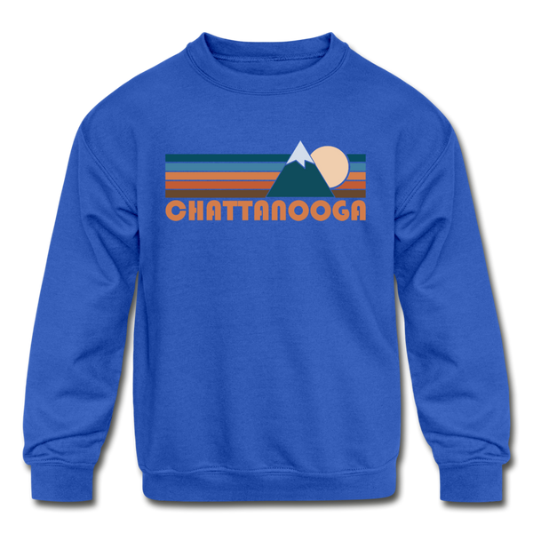 Chattanooga, Tennessee Youth Sweatshirt - Retro Mountain Youth Chattanooga Crewneck Sweatshirt - royal blue