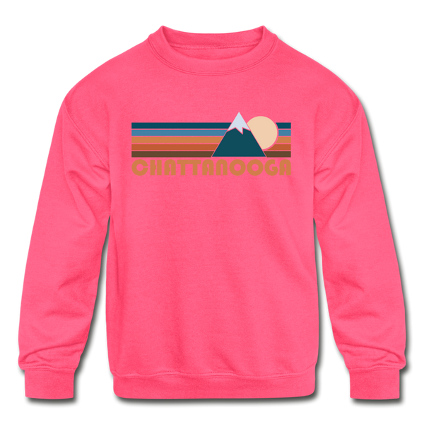 Chattanooga, Tennessee Youth Sweatshirt - Retro Mountain Youth Chattanooga Crewneck Sweatshirt - neon pink