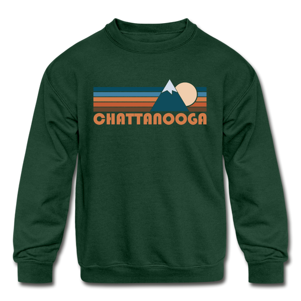 Chattanooga, Tennessee Youth Sweatshirt - Retro Mountain Youth Chattanooga Crewneck Sweatshirt - forest green