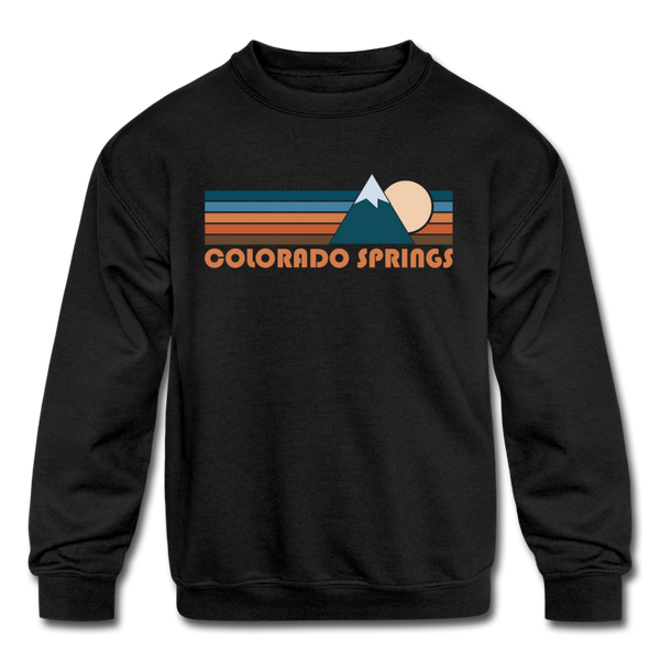 Colorado Springs, Colorado Youth Sweatshirt - Retro Mountain Youth Colorado Springs Crewneck Sweatshirt - black