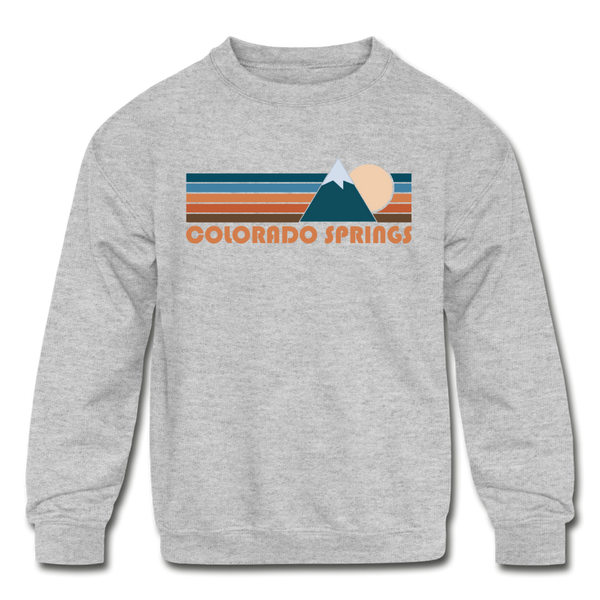 Colorado Springs, Colorado Youth Sweatshirt - Retro Mountain Youth Colorado Springs Crewneck Sweatshirt - heather gray