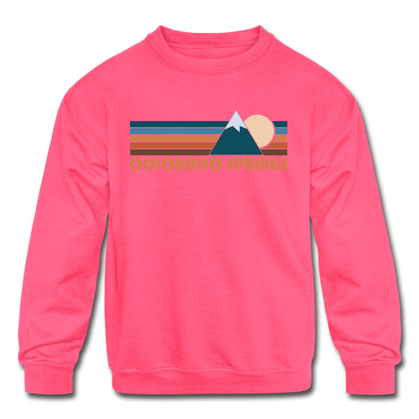 Colorado Springs, Colorado Youth Sweatshirt - Retro Mountain Youth Colorado Springs Crewneck Sweatshirt - neon pink