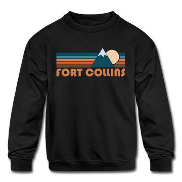 Fort Collins, Colorado Youth Sweatshirt - Retro Mountain Youth Fort Collins Crewneck Sweatshirt - black