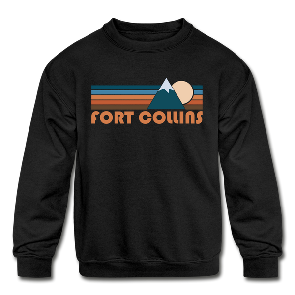 Fort Collins, Colorado Youth Sweatshirt - Retro Mountain Youth Fort Collins Crewneck Sweatshirt - black